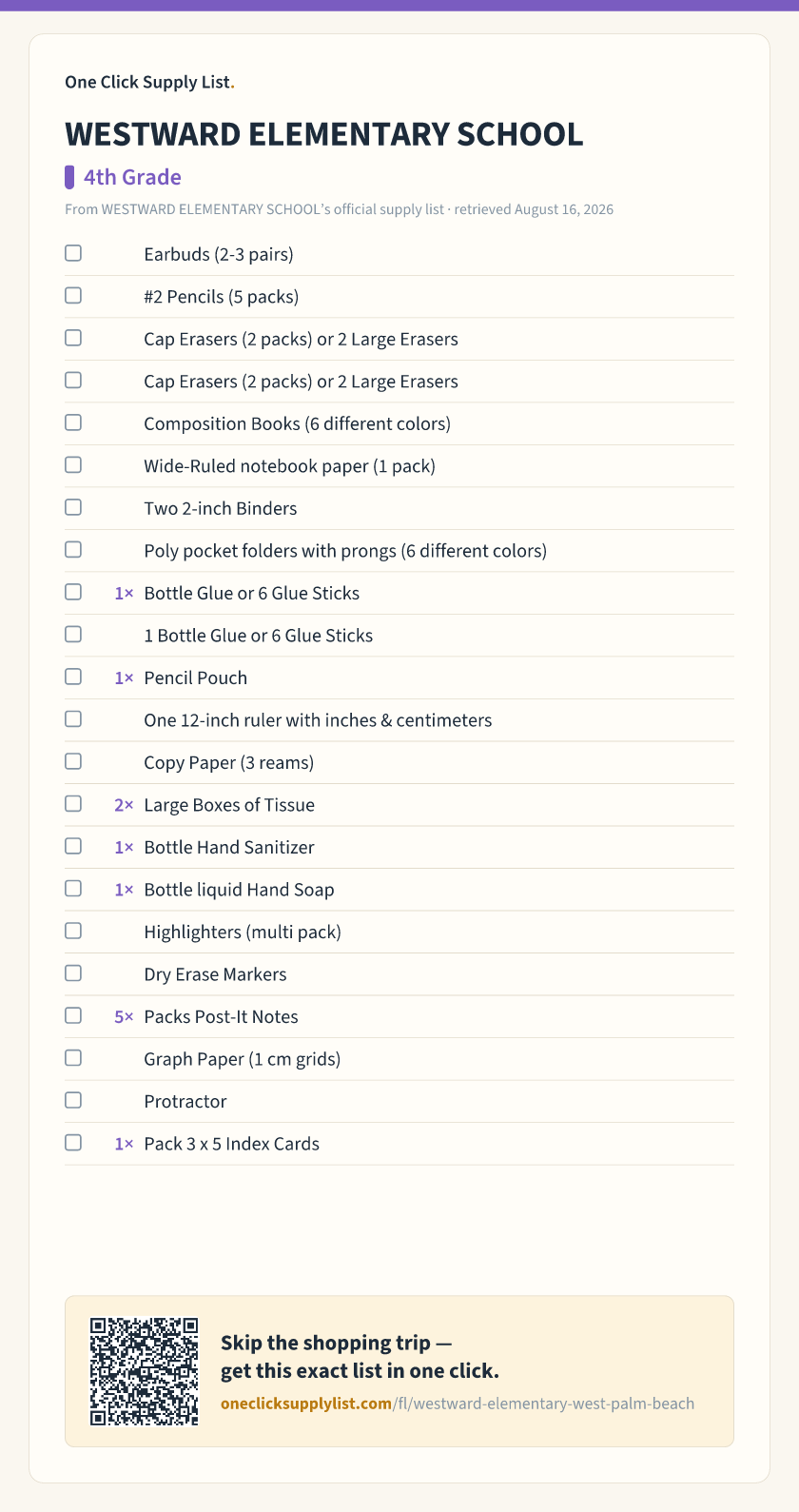 WESTWARD ELEMENTARY SCHOOL 4th Grade supply list — printable image