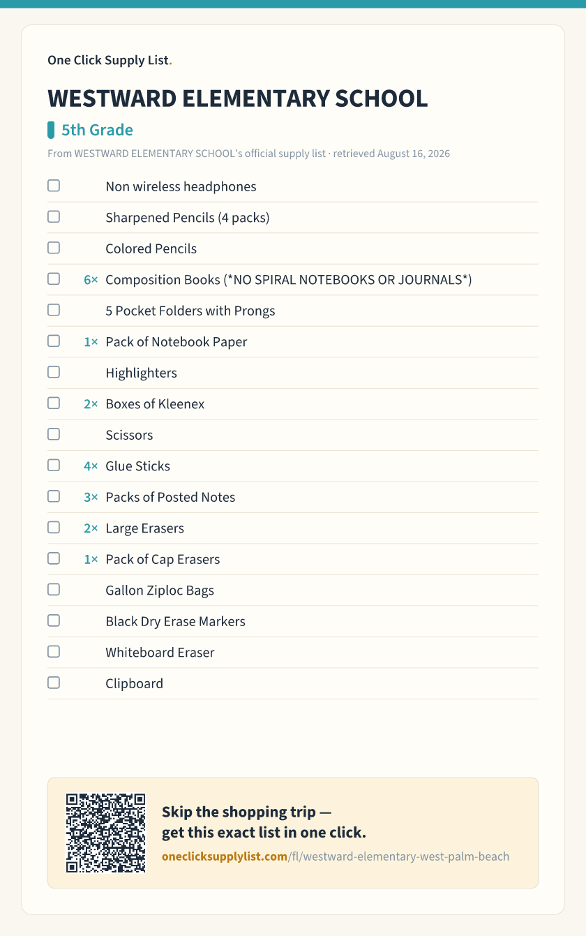 WESTWARD ELEMENTARY SCHOOL 5th Grade supply list — printable image