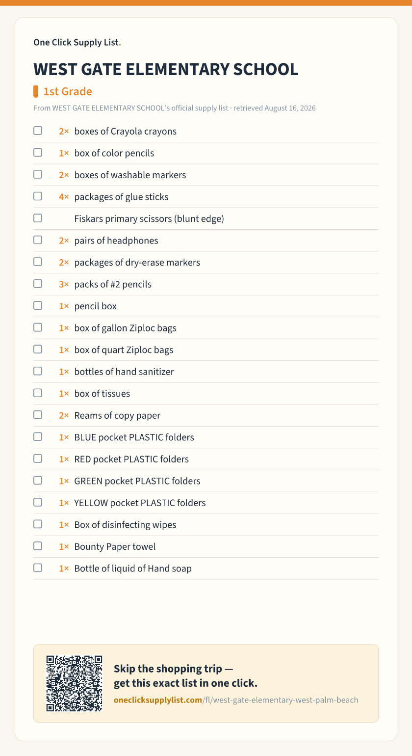 WEST GATE ELEMENTARY SCHOOL 1st Grade supply list — printable image