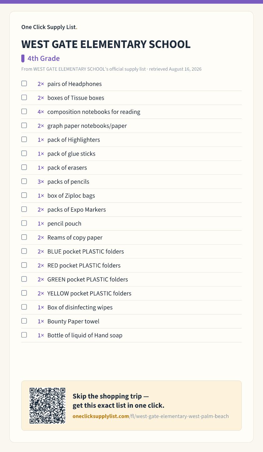 WEST GATE ELEMENTARY SCHOOL 4th Grade supply list — printable image