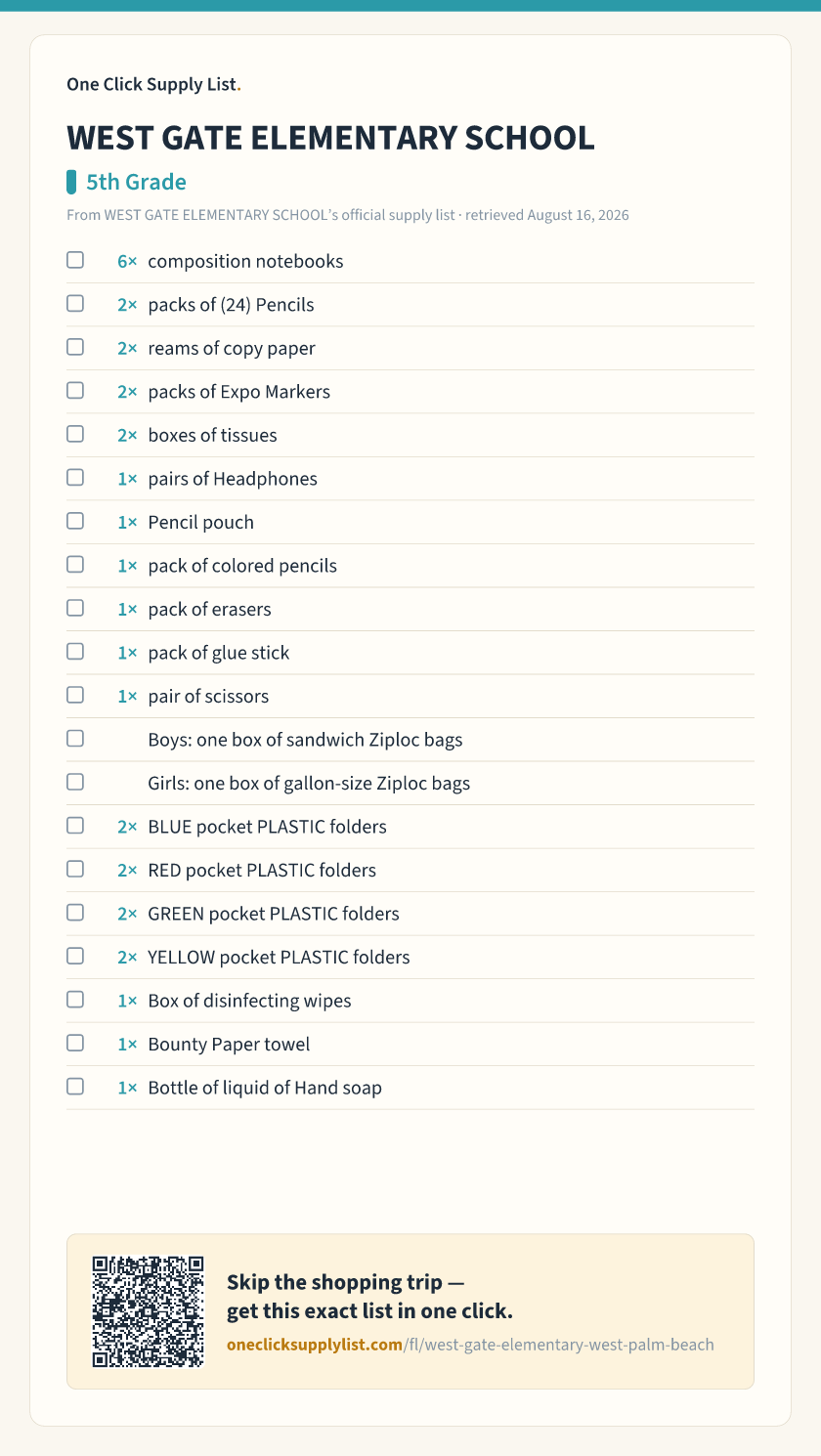 WEST GATE ELEMENTARY SCHOOL 5th Grade supply list — printable image