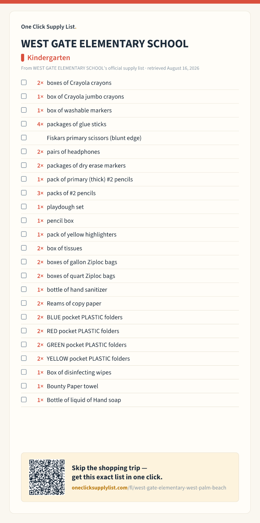 WEST GATE ELEMENTARY SCHOOL Kindergarten supply list — printable image