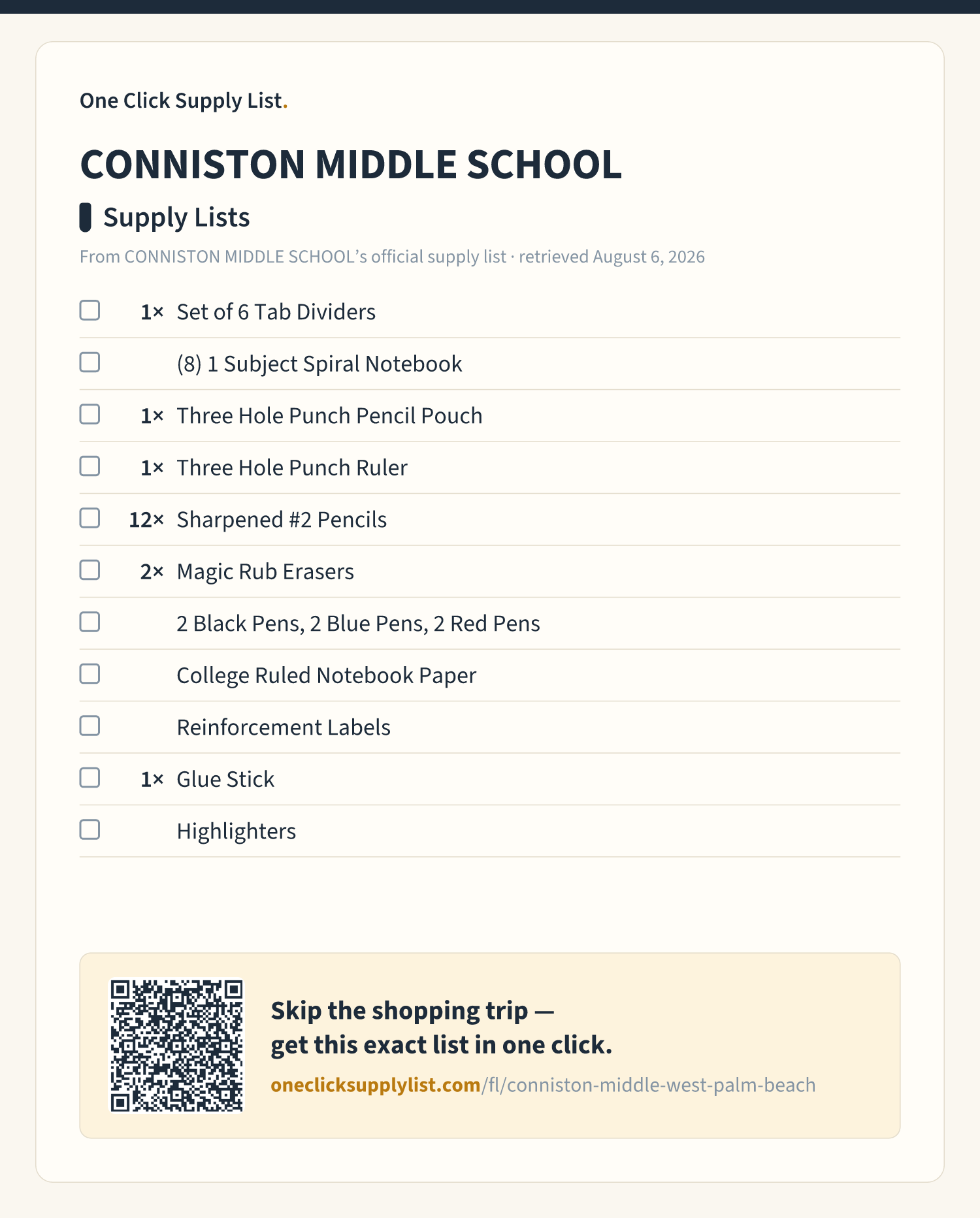 CONNISTON MIDDLE SCHOOL Supply Lists supply list — printable image