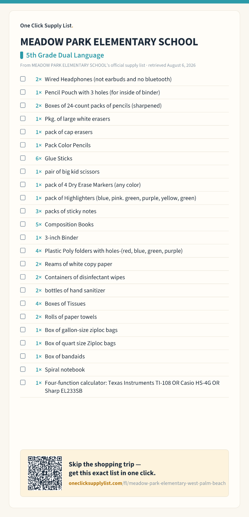 MEADOW PARK ELEMENTARY SCHOOL 5th Grade Dual Language supply list — printable image