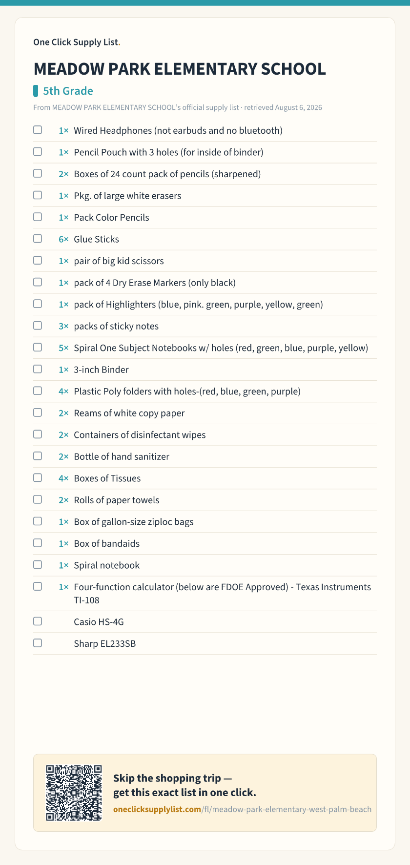 MEADOW PARK ELEMENTARY SCHOOL 5th Grade supply list — printable image