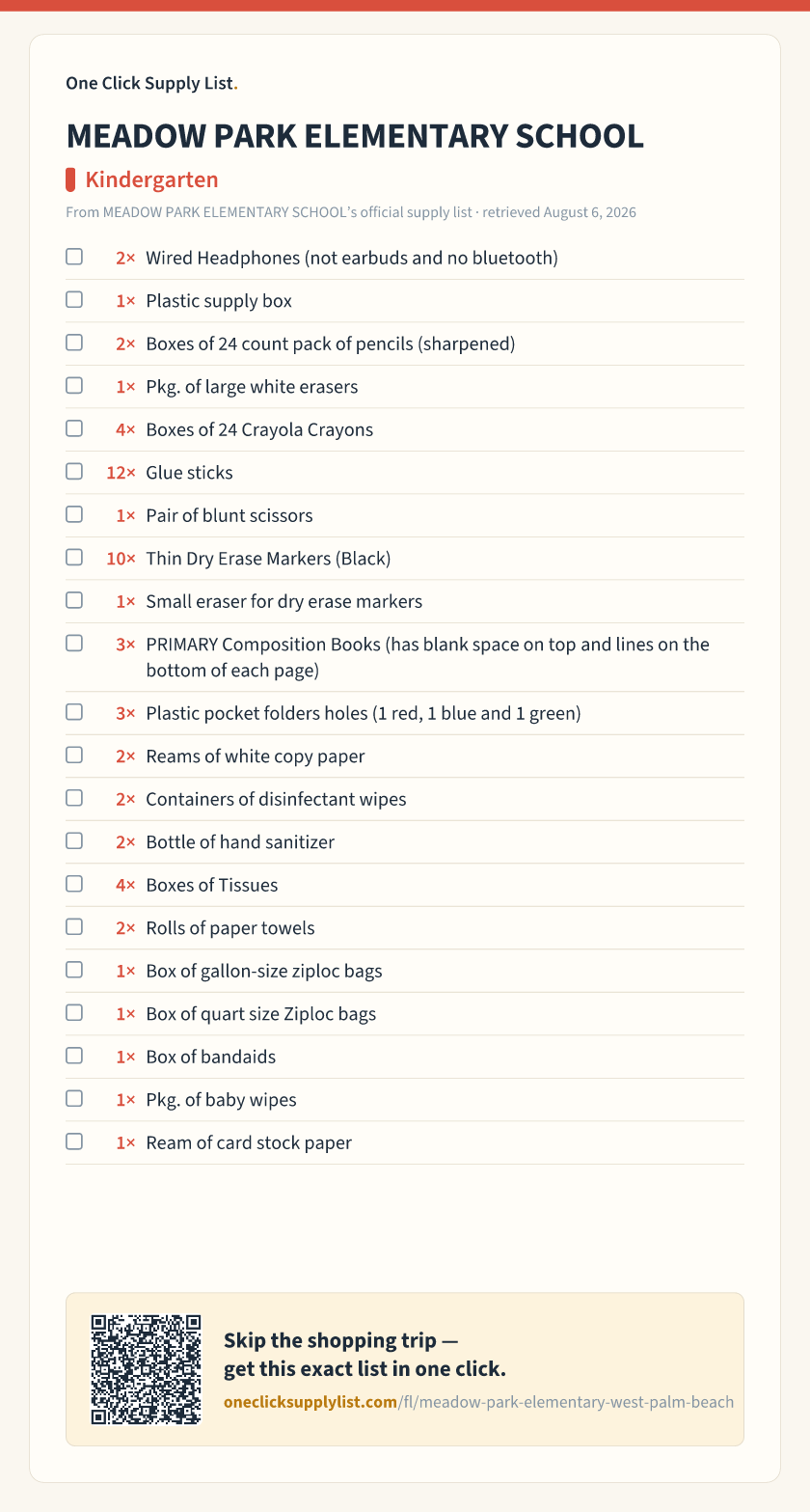 MEADOW PARK ELEMENTARY SCHOOL Kindergarten supply list — printable image