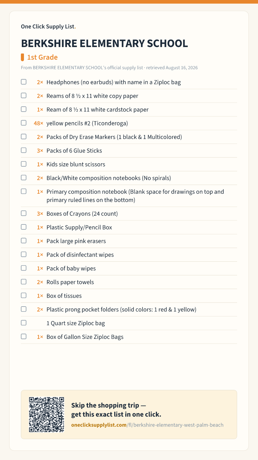 BERKSHIRE ELEMENTARY SCHOOL 1st Grade supply list — printable image