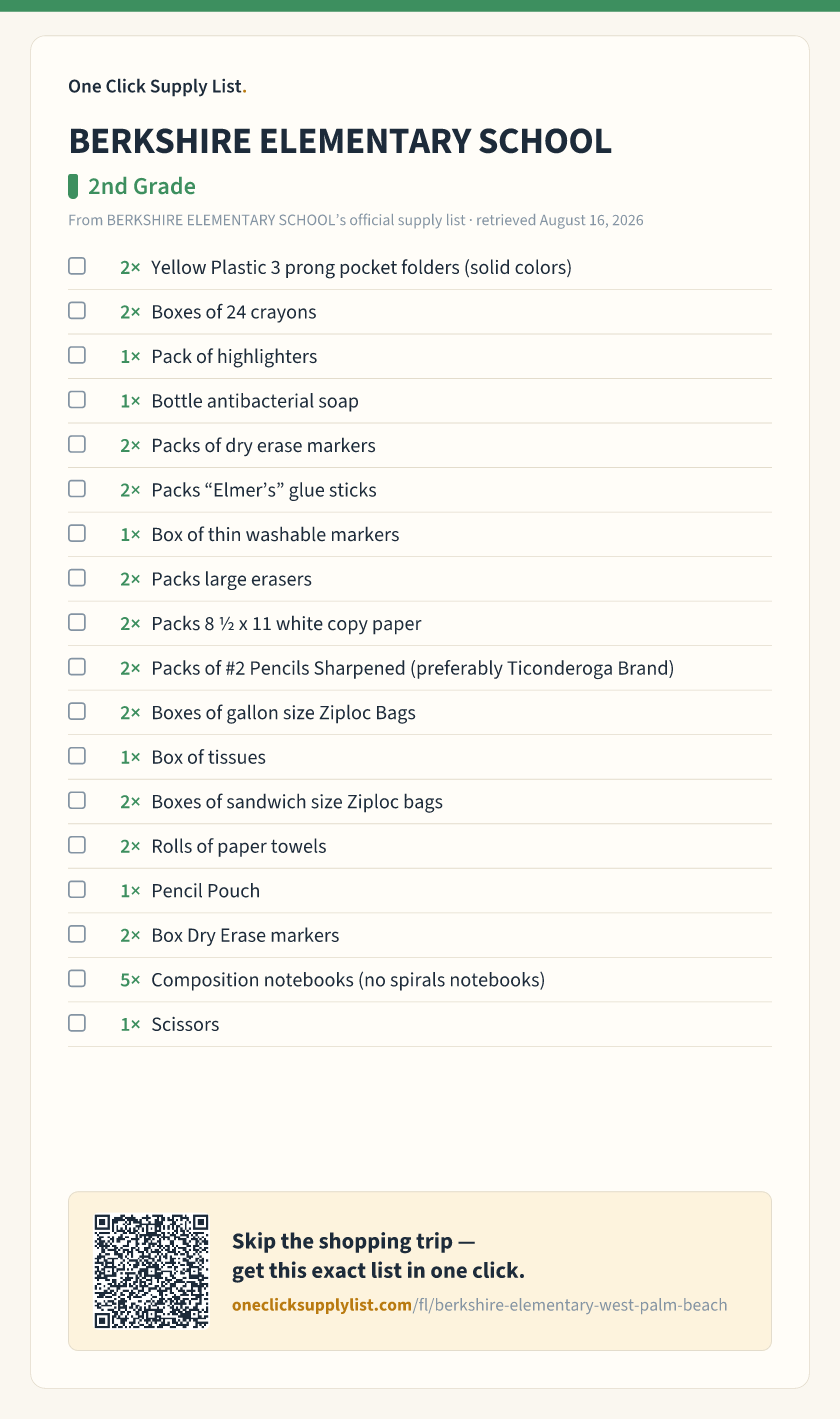 BERKSHIRE ELEMENTARY SCHOOL 2nd Grade supply list — printable image