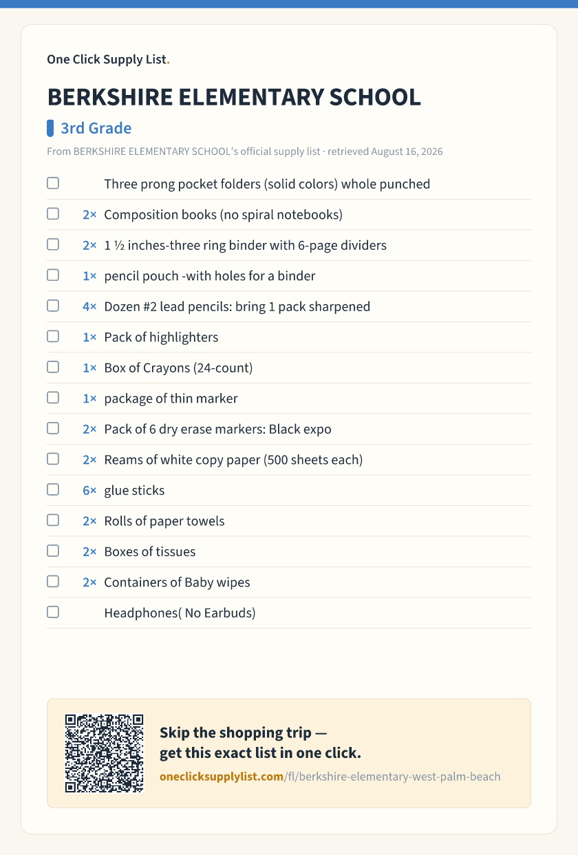 BERKSHIRE ELEMENTARY SCHOOL 3rd Grade supply list — printable image