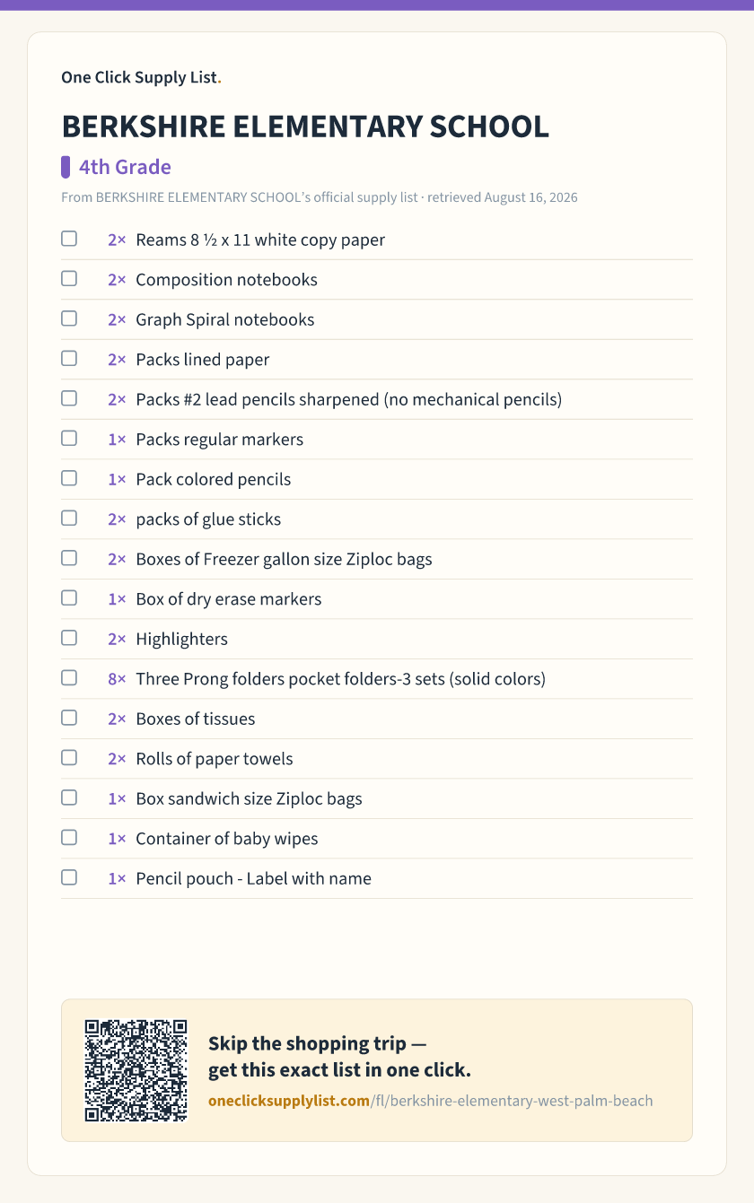 BERKSHIRE ELEMENTARY SCHOOL 4th Grade supply list — printable image