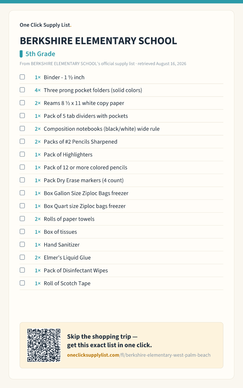 BERKSHIRE ELEMENTARY SCHOOL 5th Grade supply list — printable image