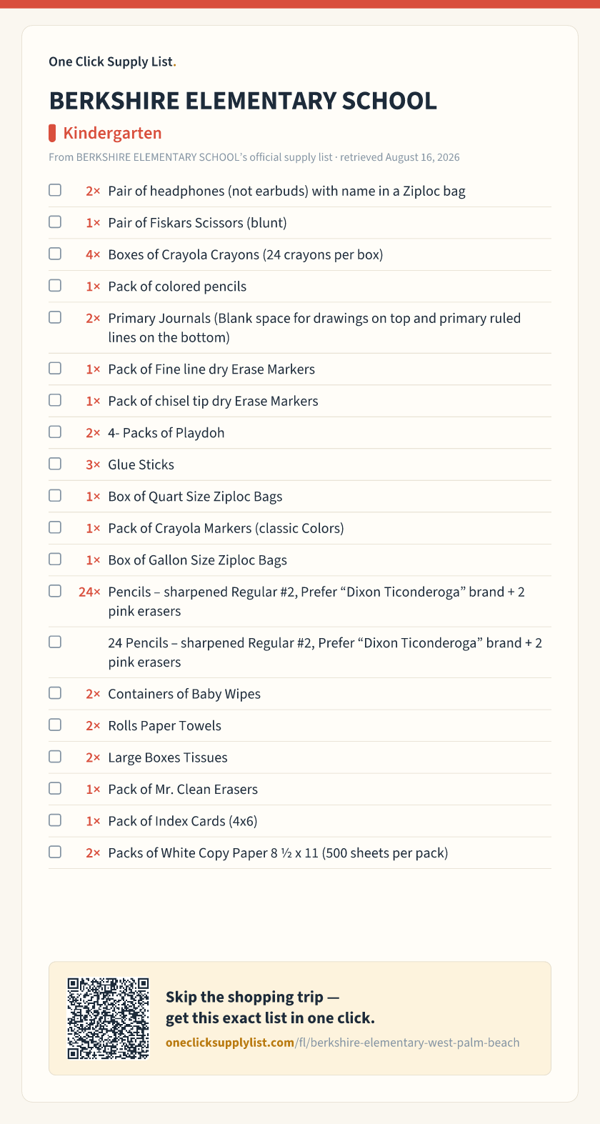BERKSHIRE ELEMENTARY SCHOOL Kindergarten supply list — printable image