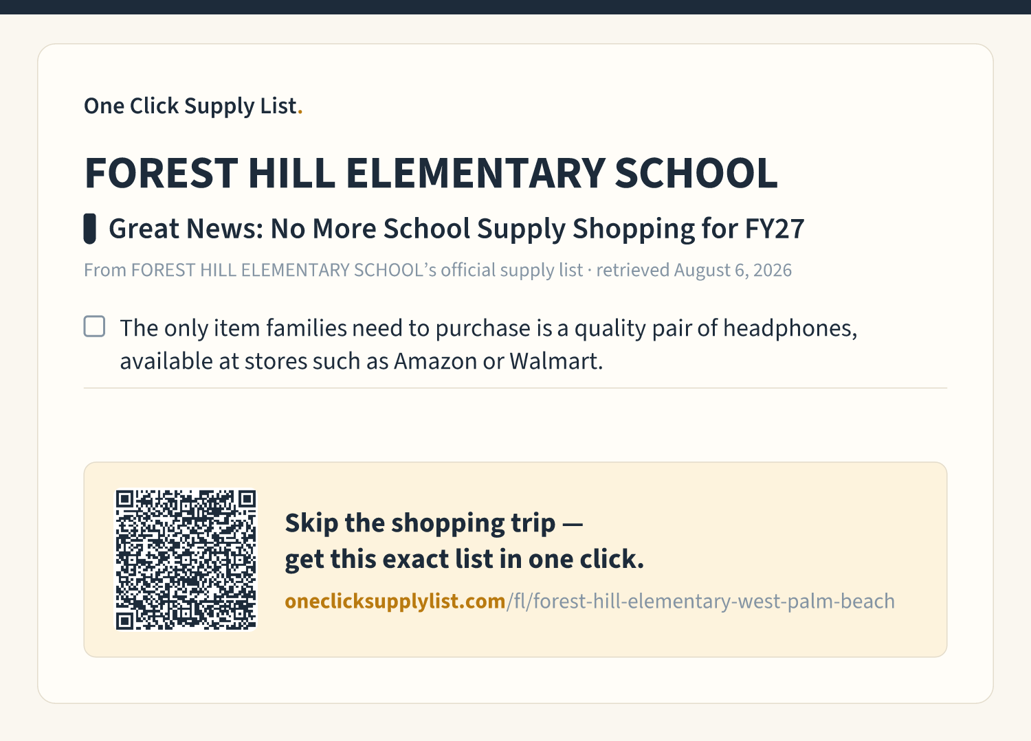 FOREST HILL ELEMENTARY SCHOOL Great News: No More School Supply Shopping for FY27 supply list — printable image