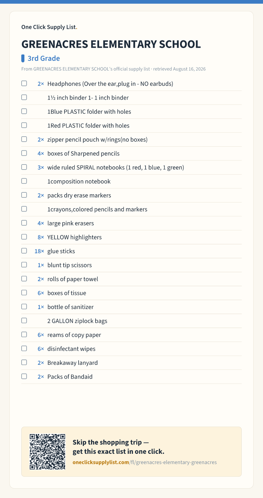 GREENACRES ELEMENTARY SCHOOL 3rd Grade supply list — printable image