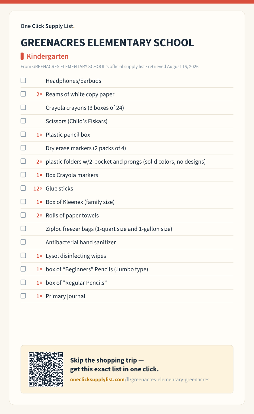 GREENACRES ELEMENTARY SCHOOL Kindergarten supply list — printable image