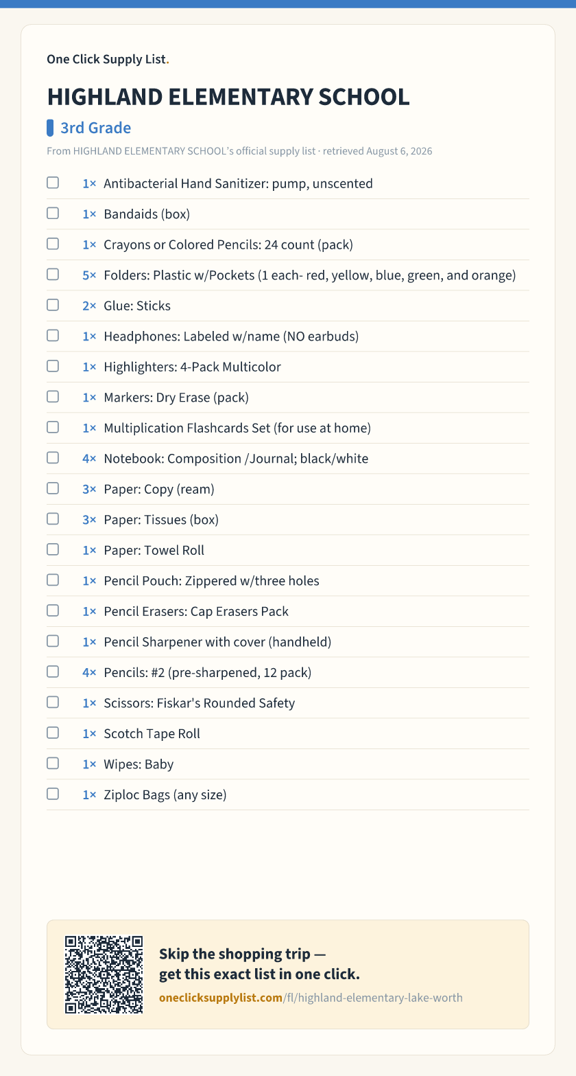 HIGHLAND ELEMENTARY SCHOOL 3rd Grade supply list — printable image