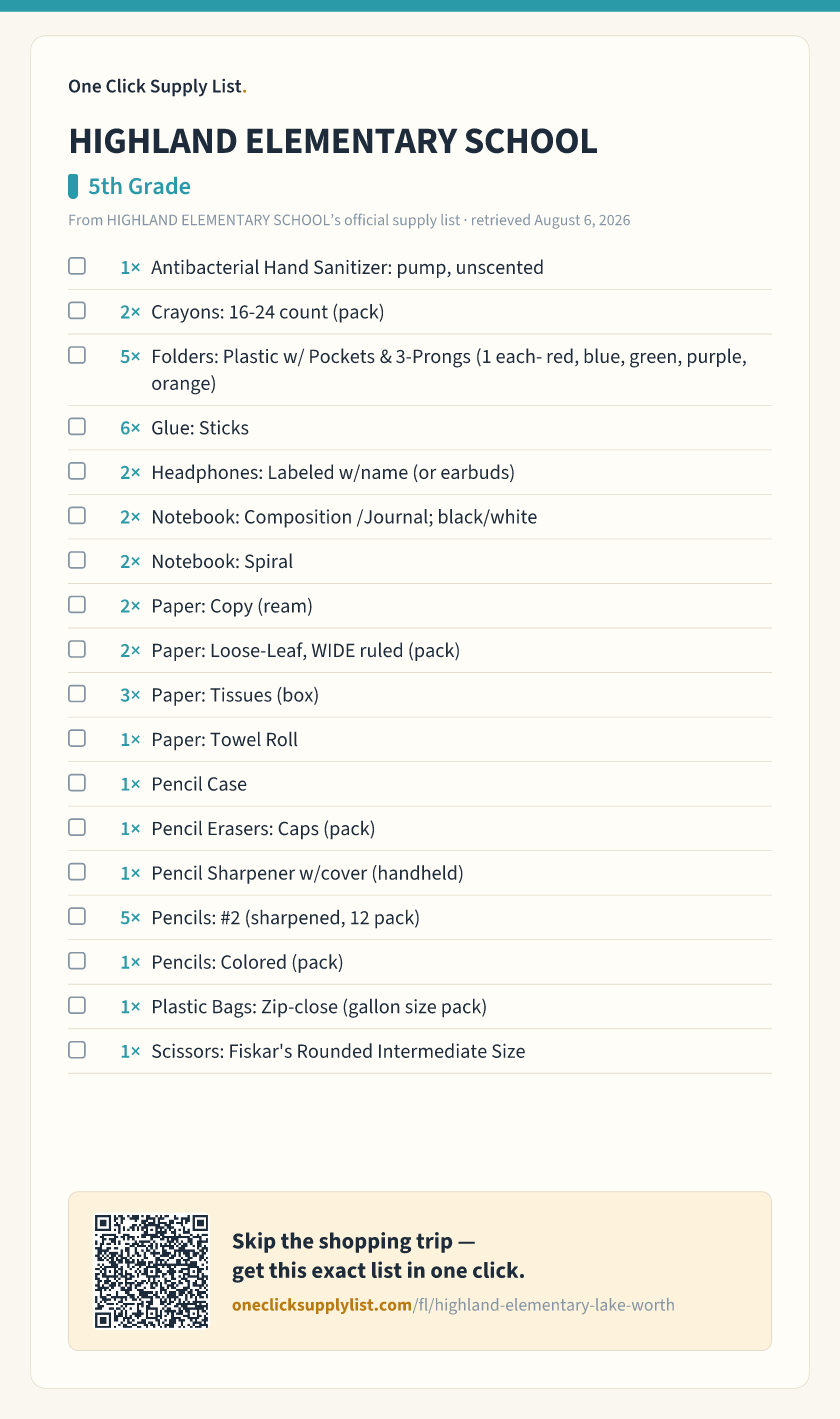 HIGHLAND ELEMENTARY SCHOOL 5th Grade supply list — printable image
