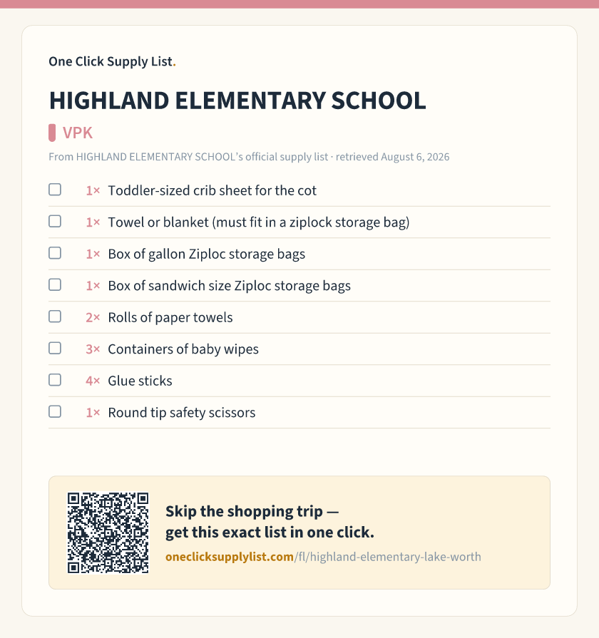 HIGHLAND ELEMENTARY SCHOOL VPK supply list — printable image