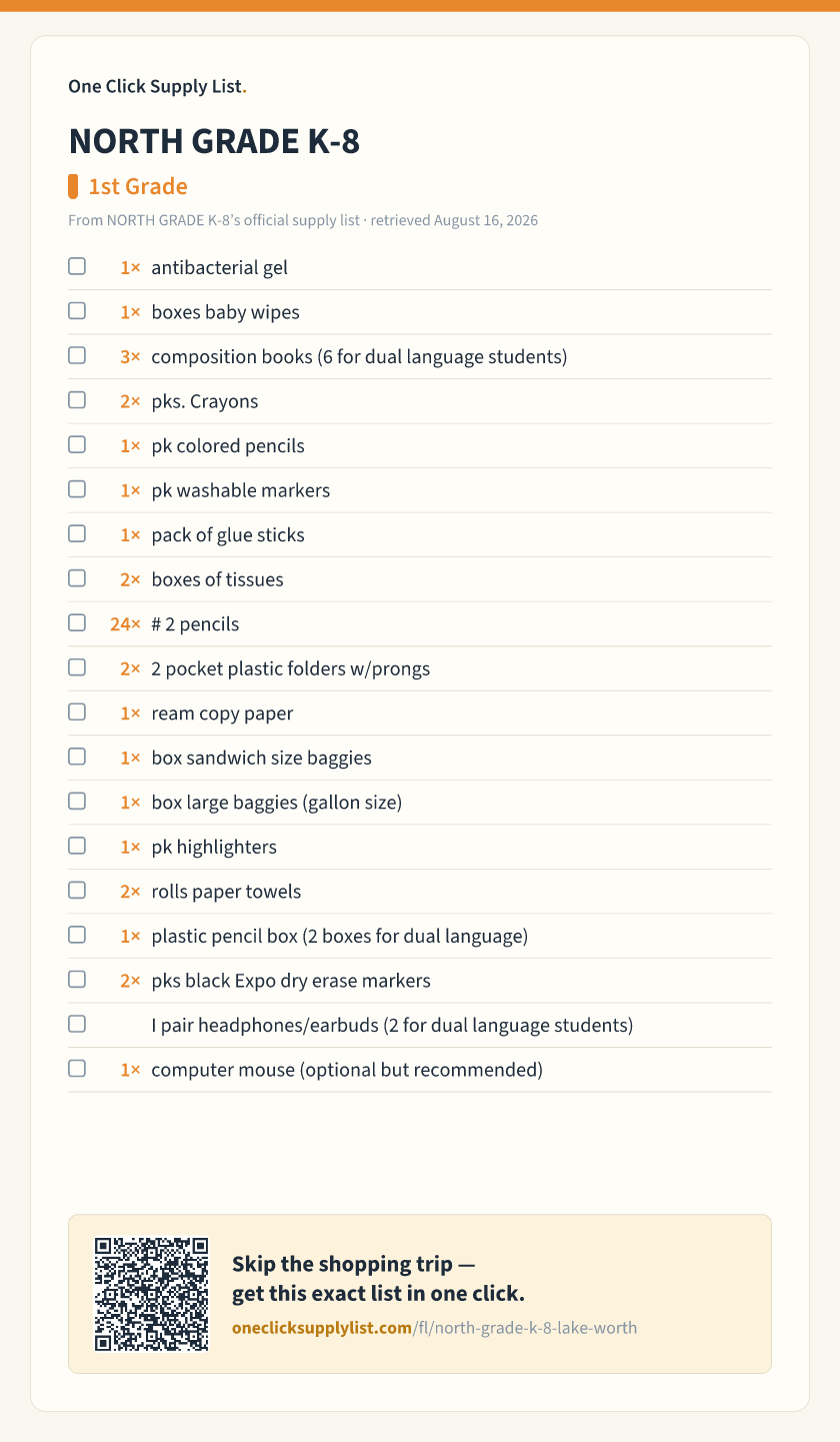 NORTH GRADE K-8 1st Grade supply list — printable image