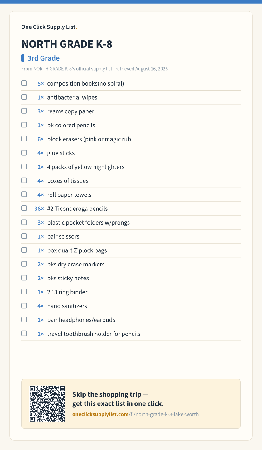 NORTH GRADE K-8 3rd Grade supply list — printable image