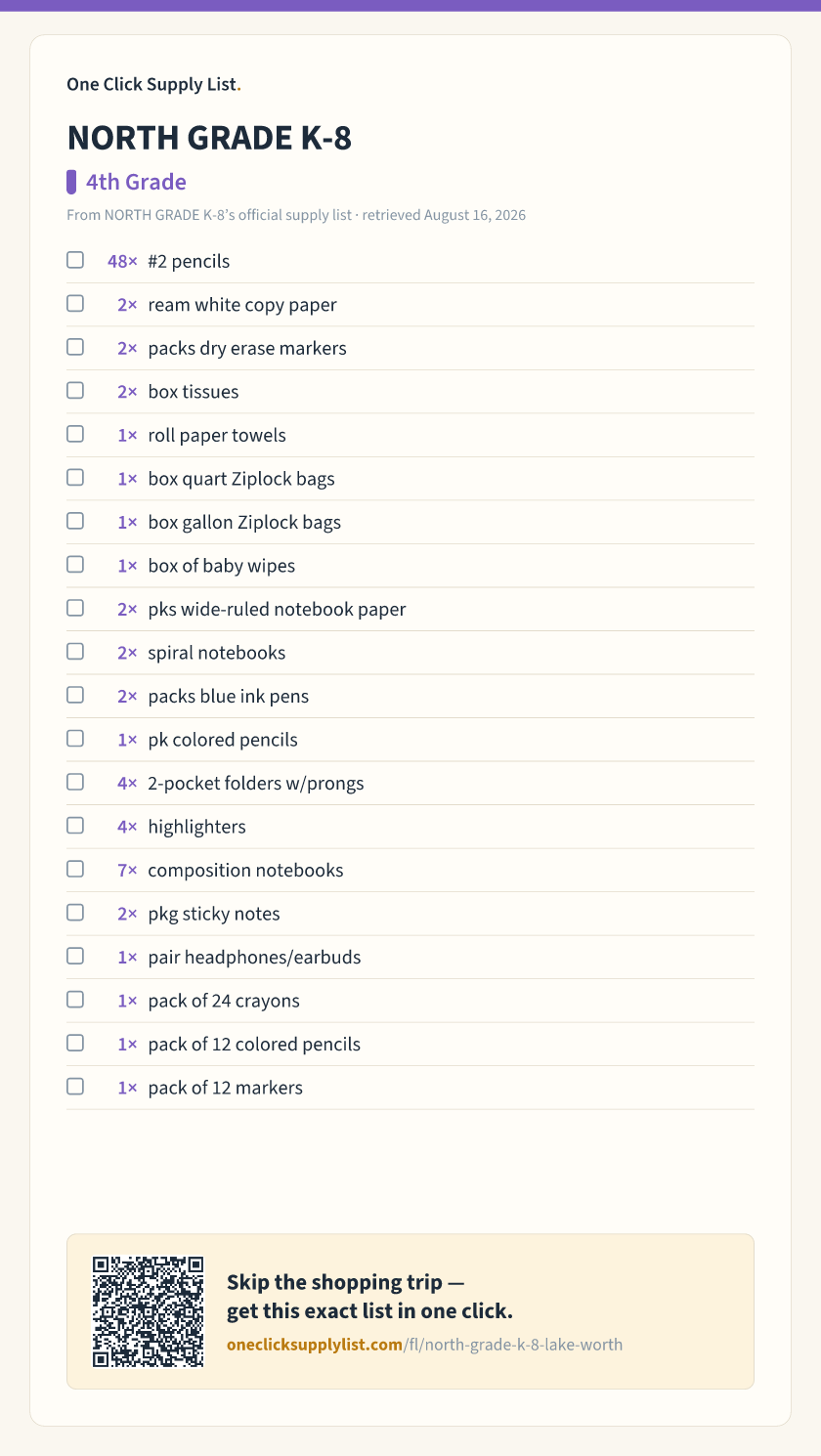 NORTH GRADE K-8 4th Grade supply list — printable image