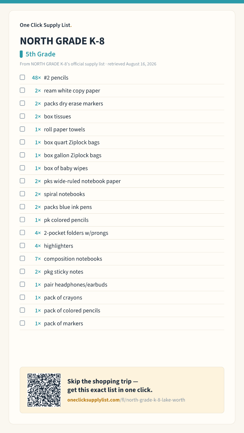 NORTH GRADE K-8 5th Grade supply list — printable image