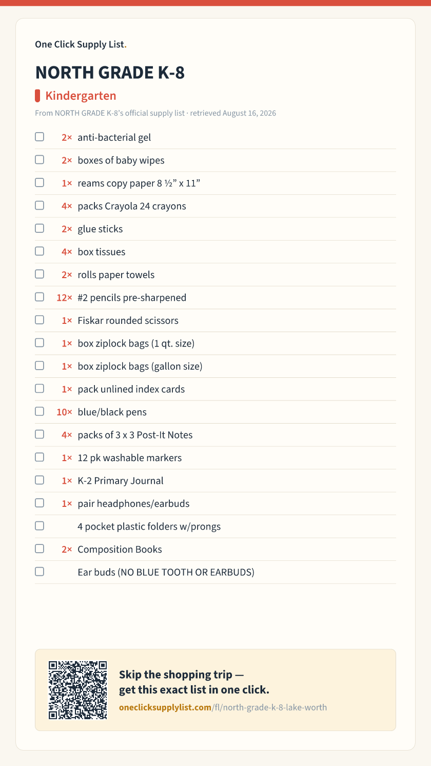 NORTH GRADE K-8 Kindergarten supply list — printable image
