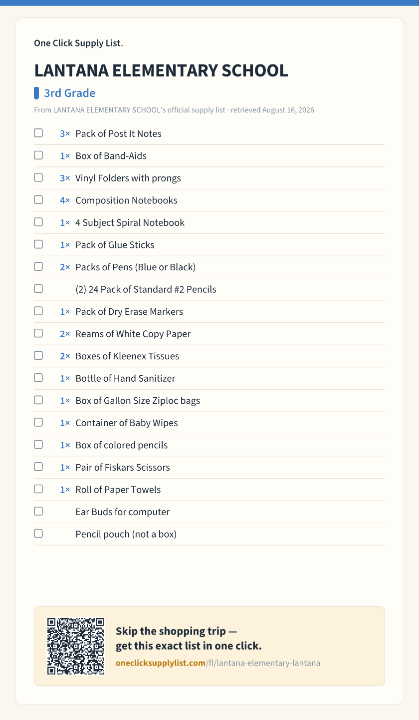 LANTANA ELEMENTARY SCHOOL 3rd Grade supply list — printable image