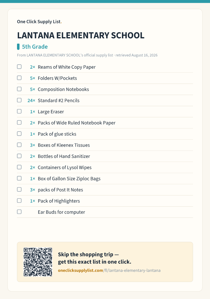 LANTANA ELEMENTARY SCHOOL 5th Grade supply list — printable image