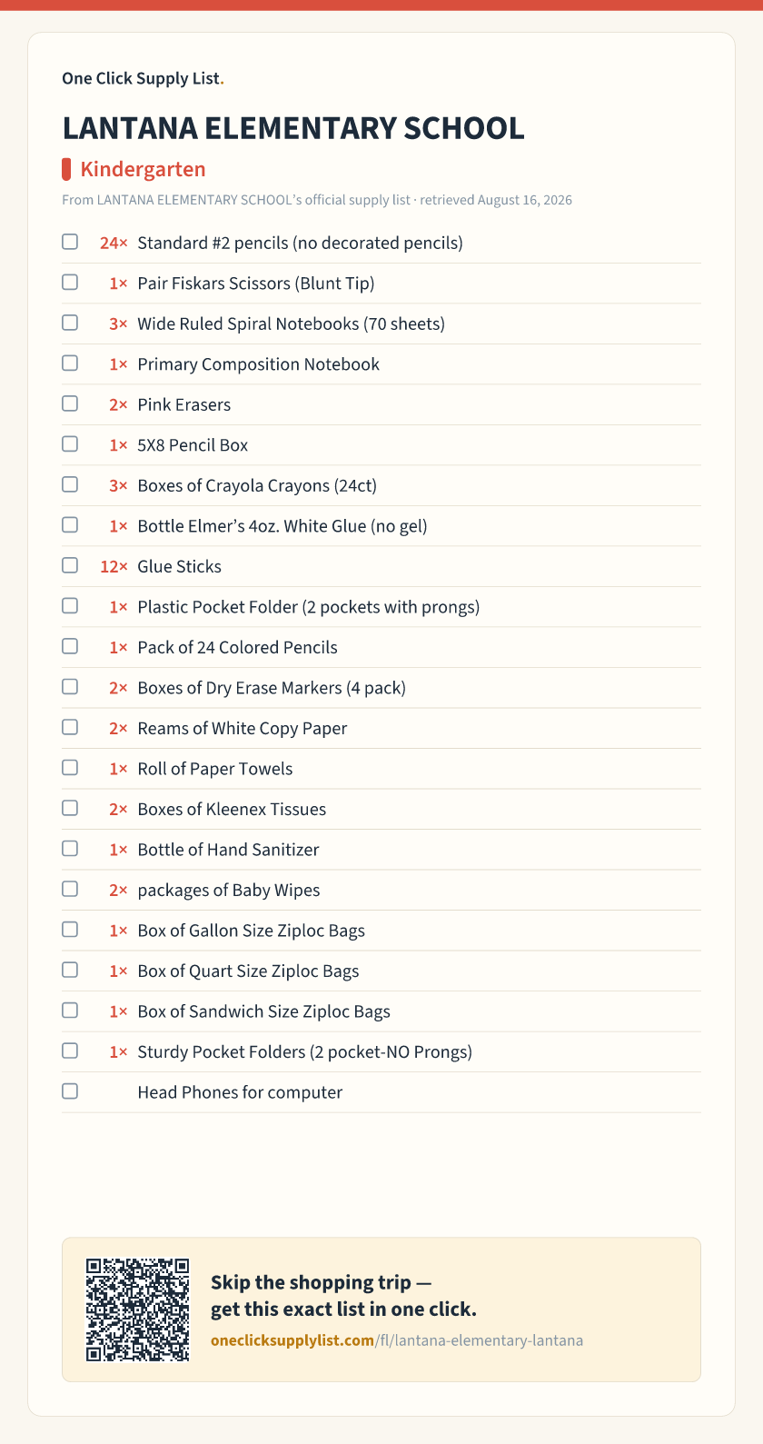 LANTANA ELEMENTARY SCHOOL Kindergarten supply list — printable image