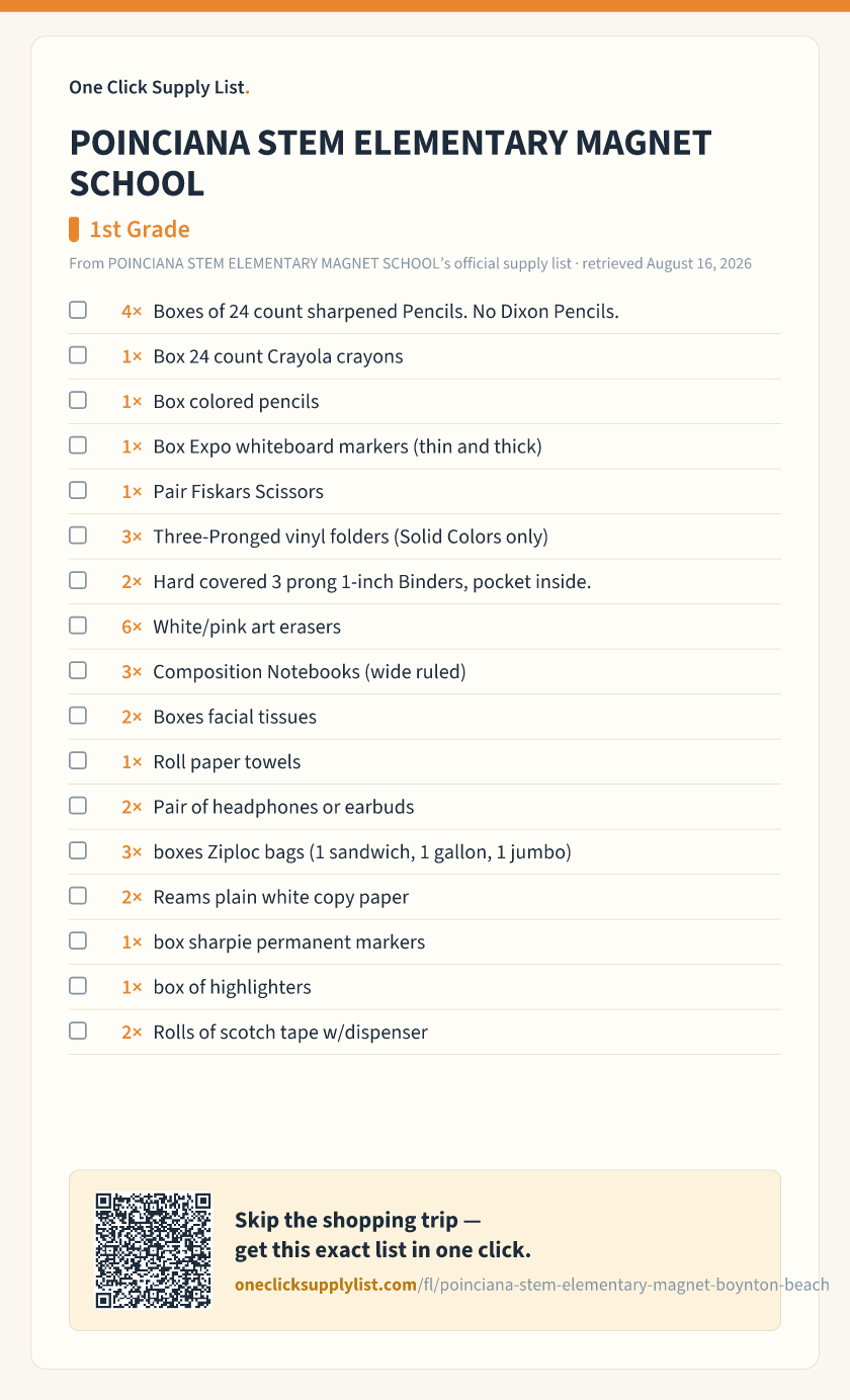 POINCIANA STEM ELEMENTARY MAGNET SCHOOL 1st Grade supply list — printable image