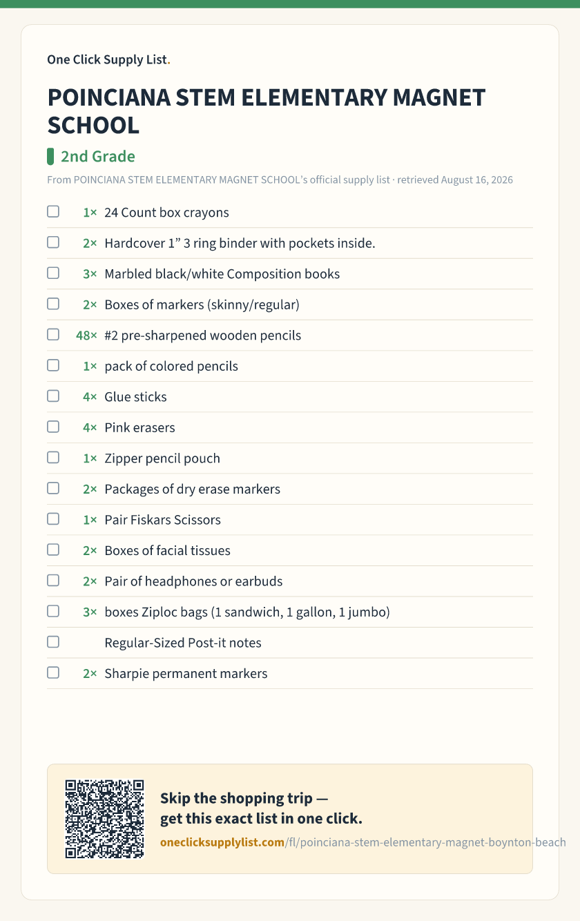 POINCIANA STEM ELEMENTARY MAGNET SCHOOL 2nd Grade supply list — printable image