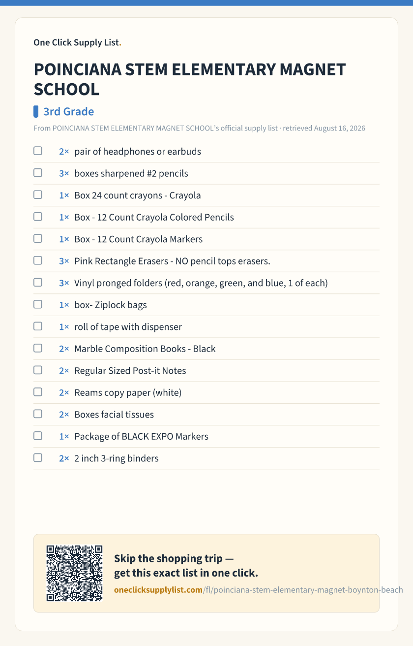 POINCIANA STEM ELEMENTARY MAGNET SCHOOL 3rd Grade supply list — printable image