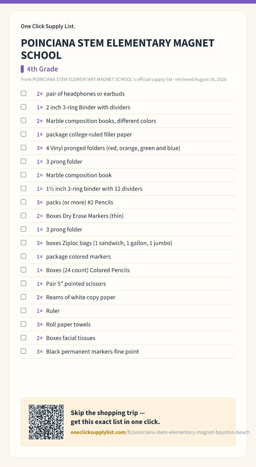 POINCIANA STEM ELEMENTARY MAGNET SCHOOL 4th Grade supply list — printable image