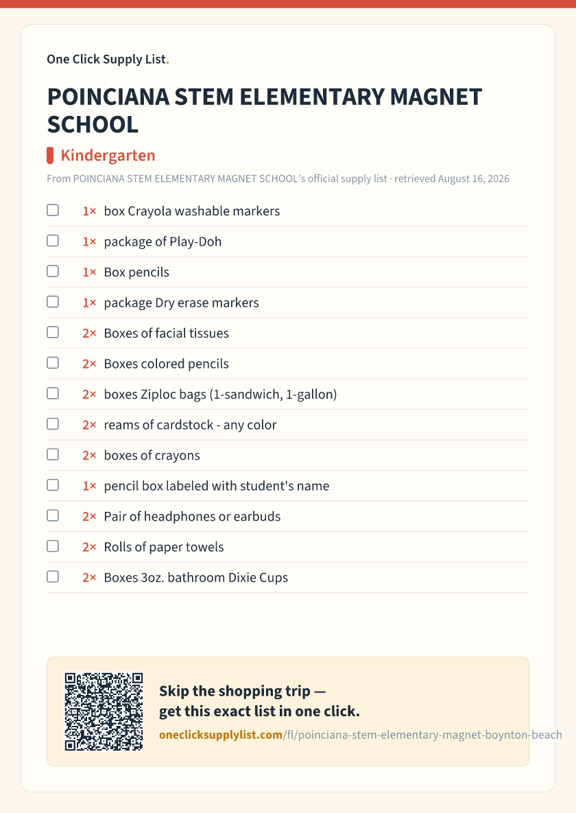 POINCIANA STEM ELEMENTARY MAGNET SCHOOL Kindergarten supply list — printable image