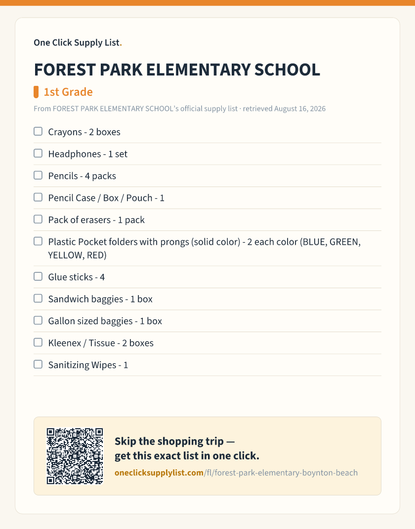 FOREST PARK ELEMENTARY SCHOOL 1st Grade supply list — printable image