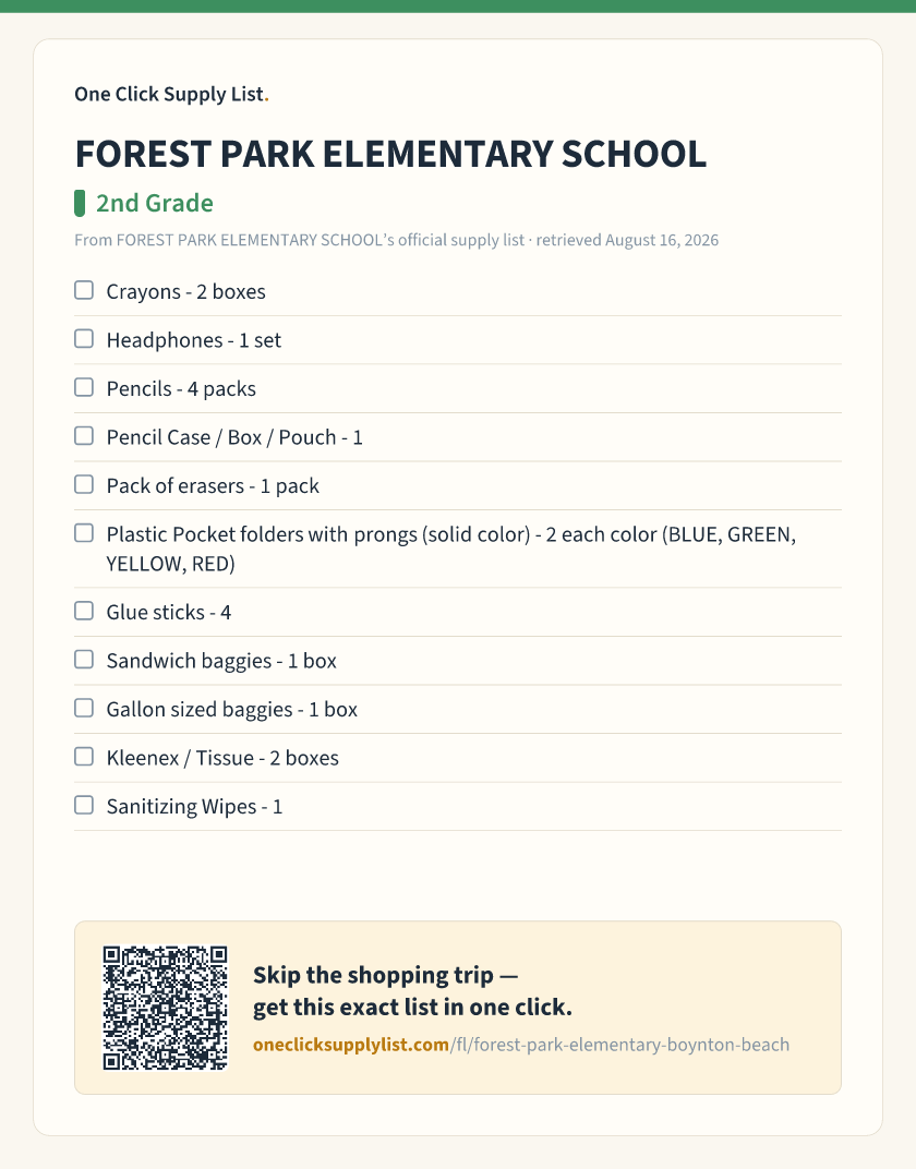 FOREST PARK ELEMENTARY SCHOOL 2nd Grade supply list — printable image