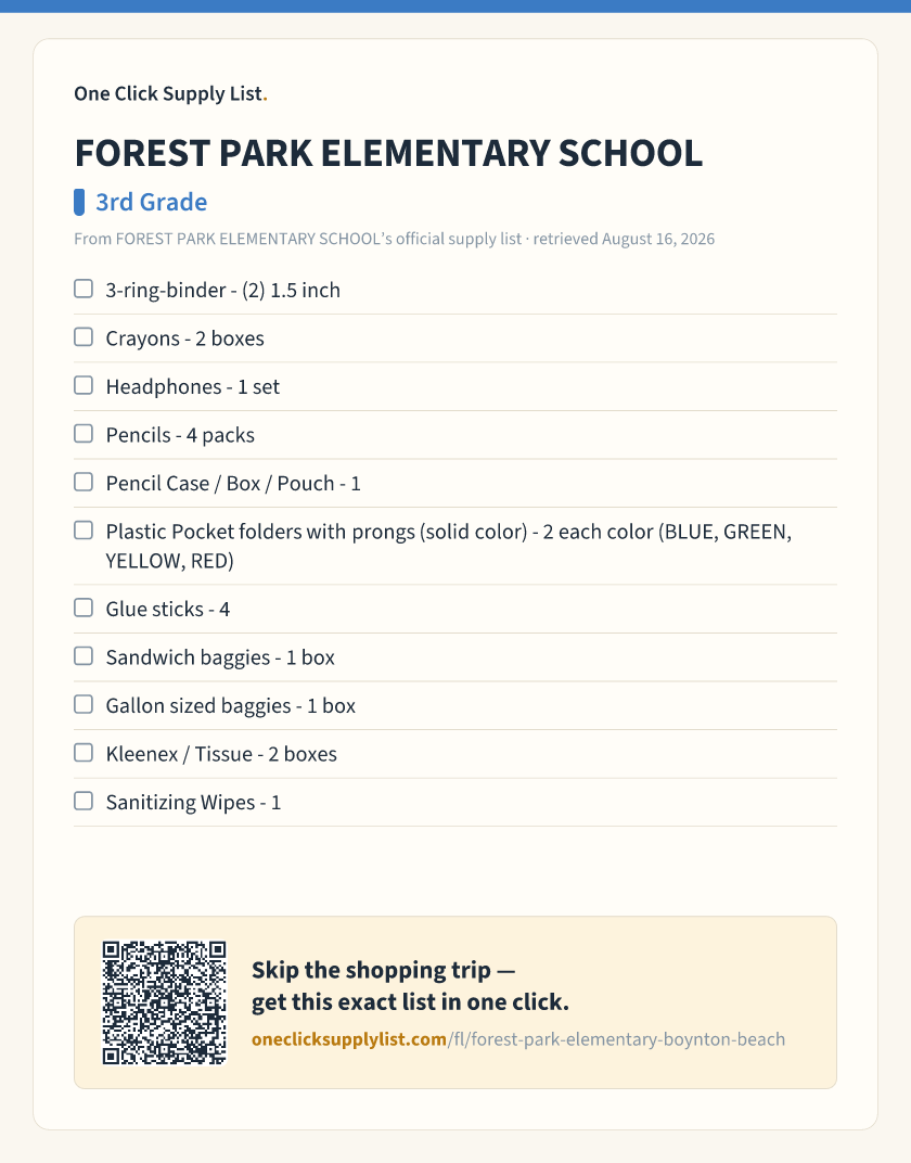 FOREST PARK ELEMENTARY SCHOOL 3rd Grade supply list — printable image