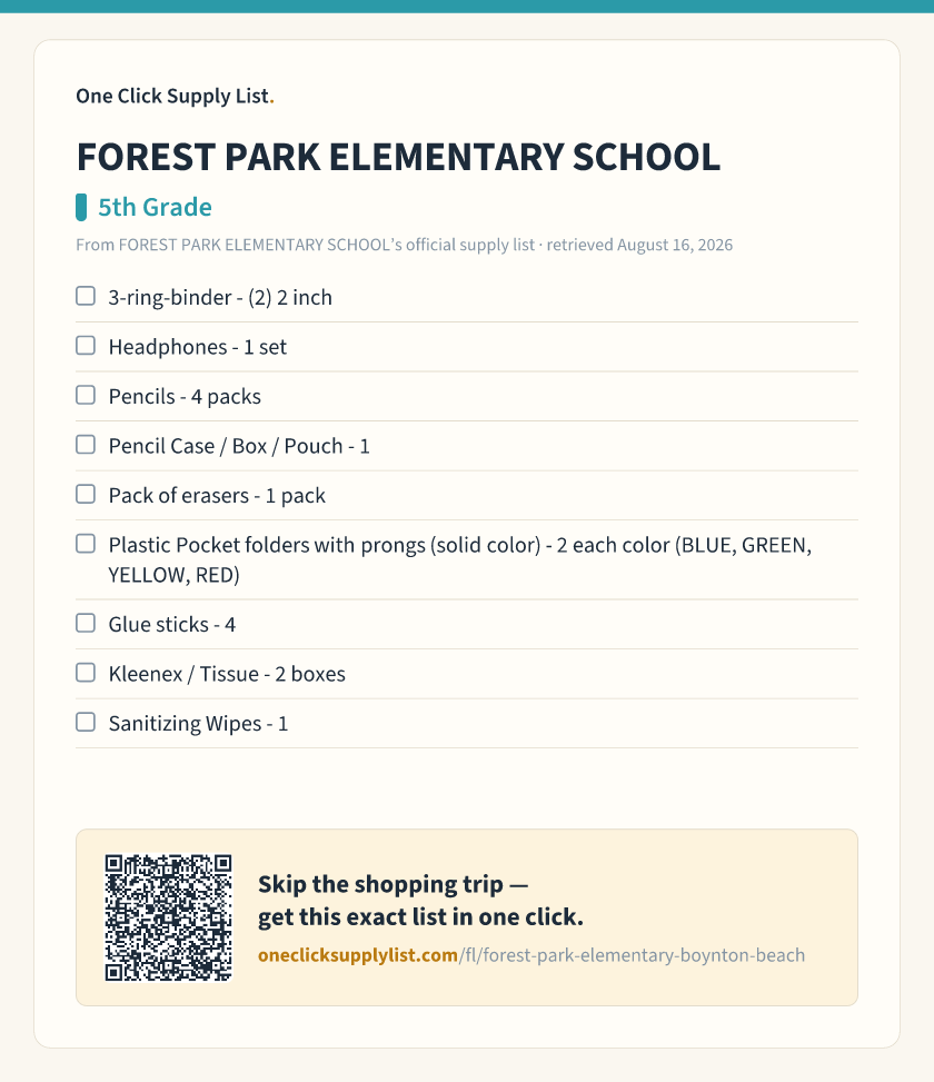 FOREST PARK ELEMENTARY SCHOOL 5th Grade supply list — printable image