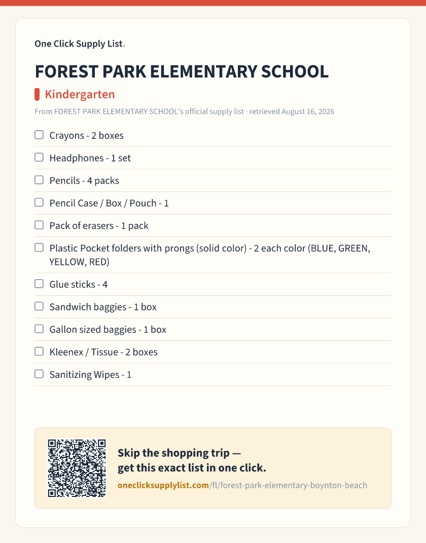 FOREST PARK ELEMENTARY SCHOOL Kindergarten supply list — printable image