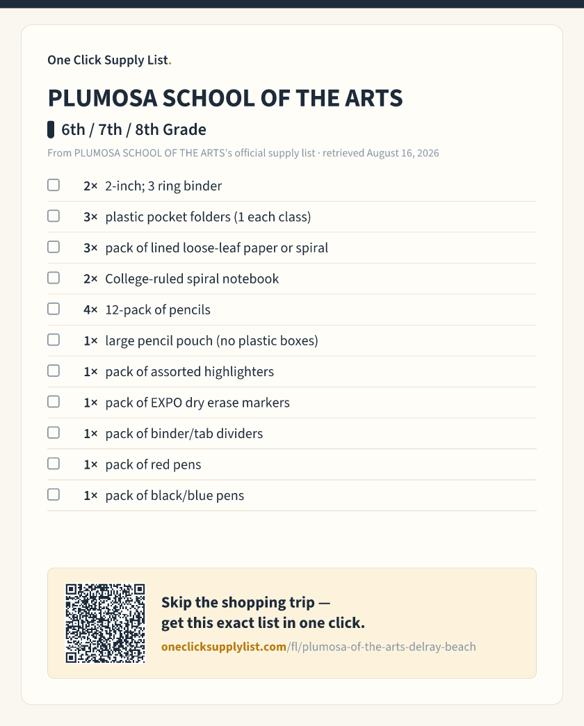 PLUMOSA SCHOOL OF THE ARTS 6th / 7th / 8th Grade supply list — printable image