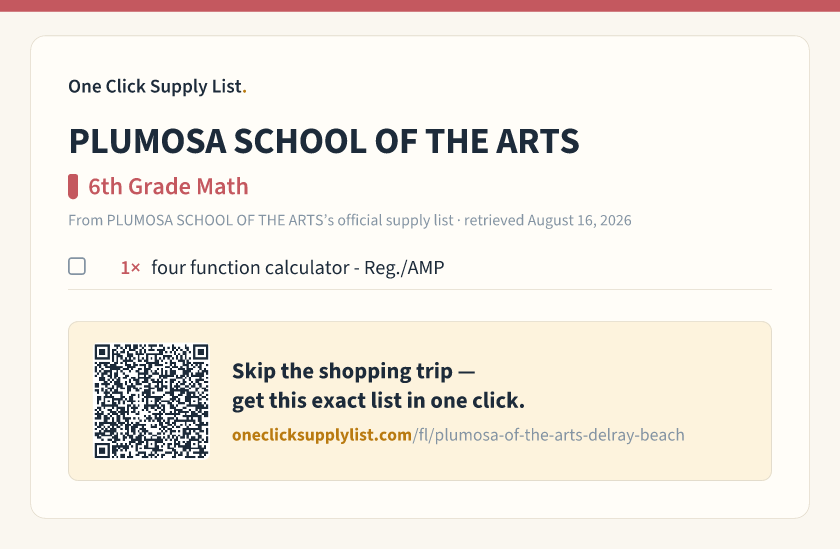 PLUMOSA SCHOOL OF THE ARTS 6th Grade Math supply list — printable image