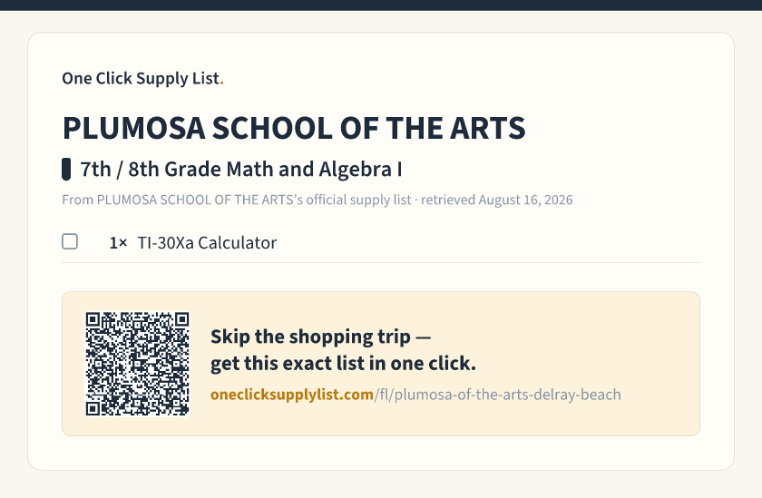 PLUMOSA SCHOOL OF THE ARTS 7th / 8th Grade Math and Algebra I supply list — printable image