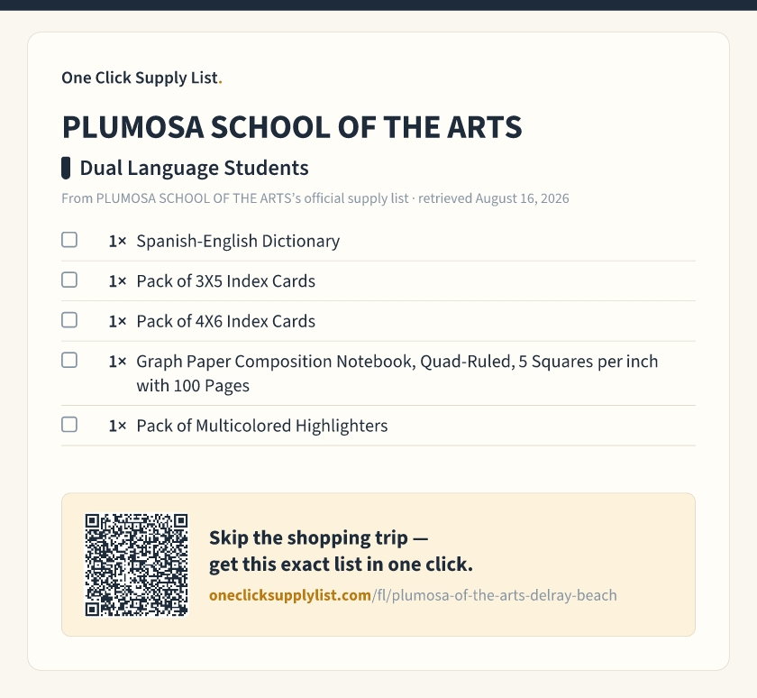 PLUMOSA SCHOOL OF THE ARTS Dual Language Students supply list — printable image