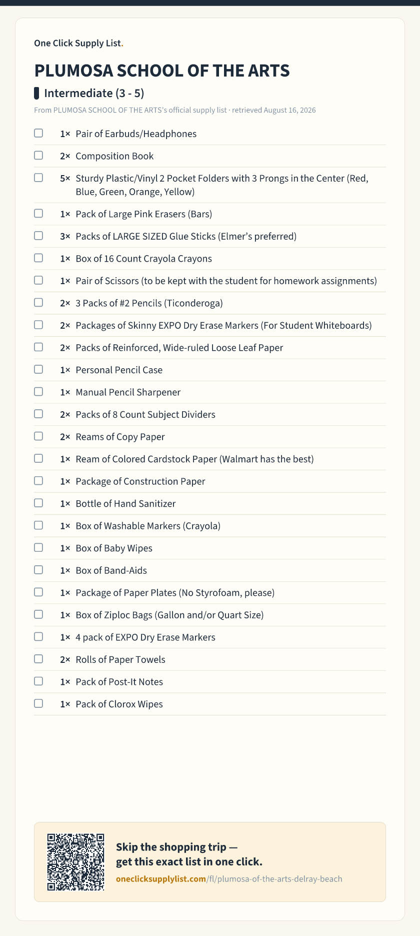 PLUMOSA SCHOOL OF THE ARTS Intermediate (3 - 5) supply list — printable image