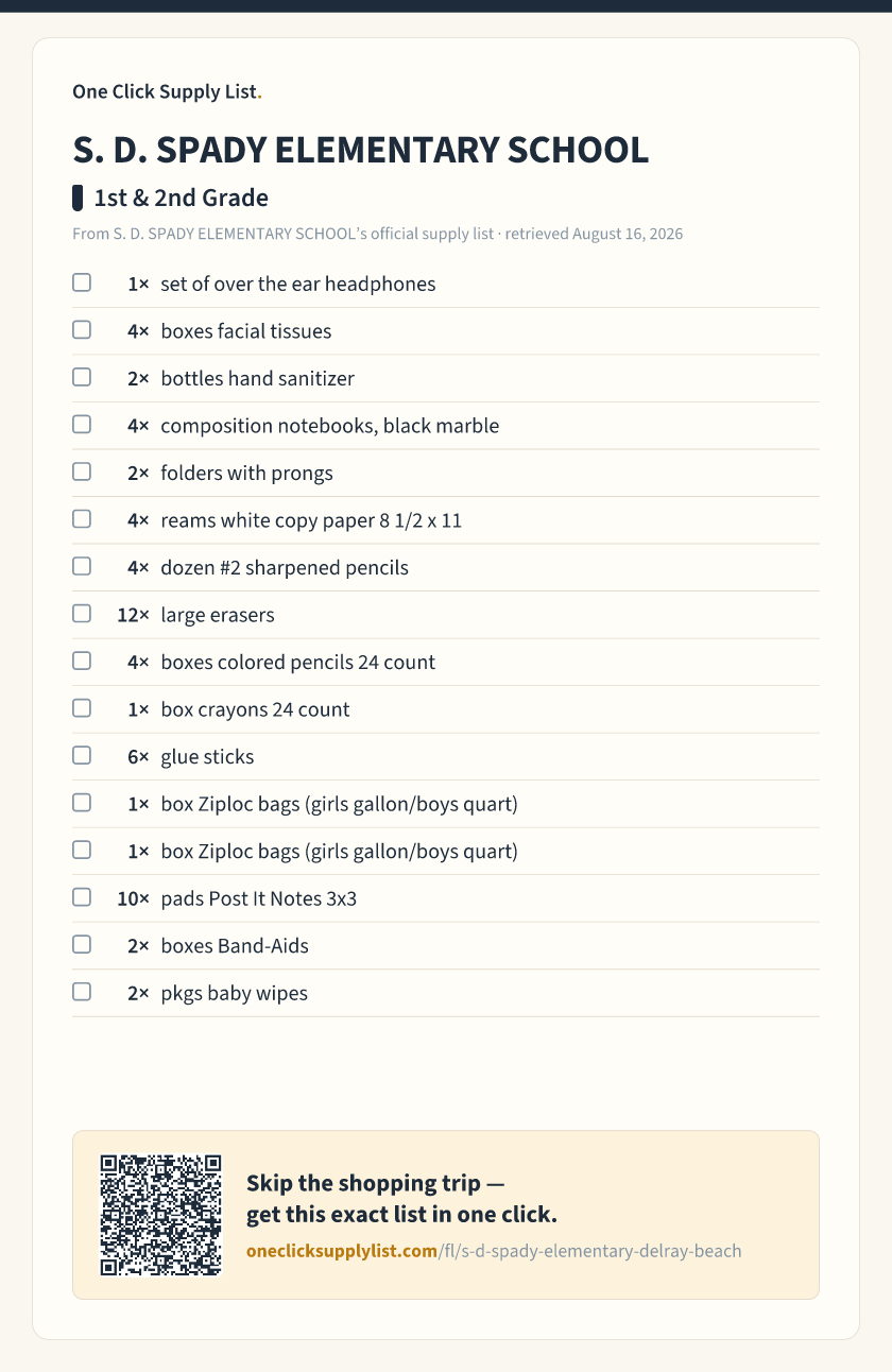 S. D. SPADY ELEMENTARY SCHOOL 1st & 2nd Grade supply list — printable image