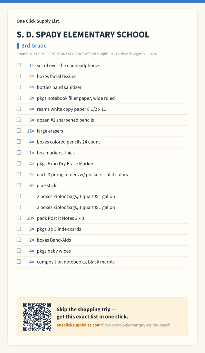 S. D. SPADY ELEMENTARY SCHOOL 3rd Grade supply list — printable image