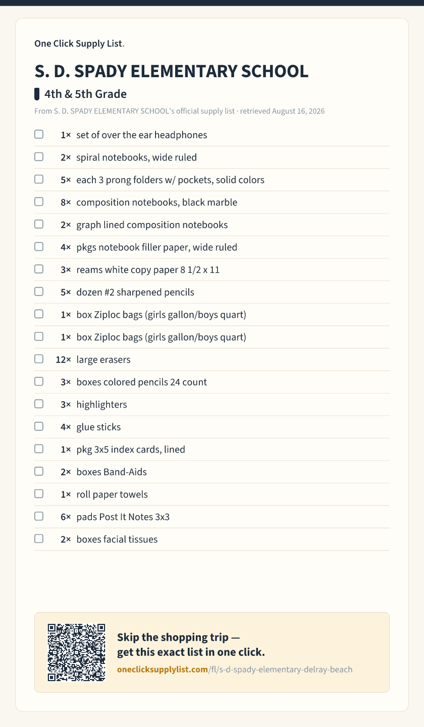 S. D. SPADY ELEMENTARY SCHOOL 4th & 5th Grade supply list — printable image