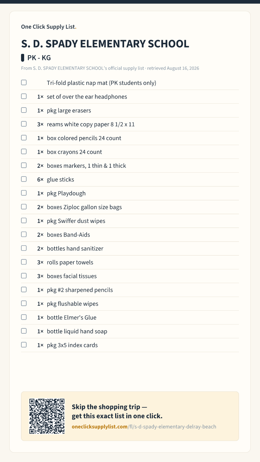 S. D. SPADY ELEMENTARY SCHOOL PK - KG supply list — printable image