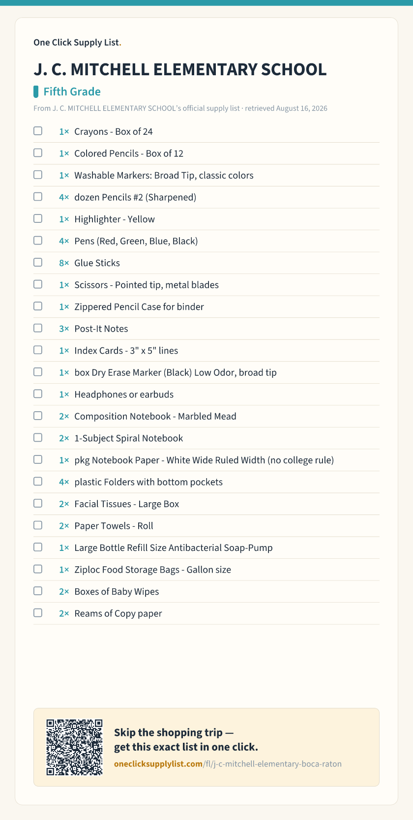 J. C. MITCHELL ELEMENTARY SCHOOL Fifth Grade supply list — printable image